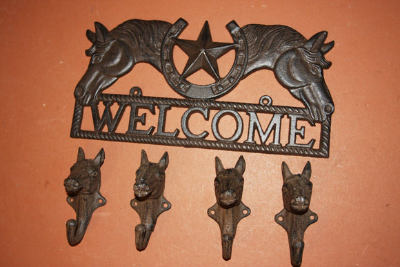 5) Ranch House Welcome Plaque Set, Horse Head Coat Hooks, Cast Iron, Kansas,  Free Shipping