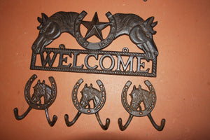 4) Ranch House Entrance Way Wall Decor, Horse | Lone Star Welcome Plaque | Horse Design Coat Hooks, Pecos, Free Shipping