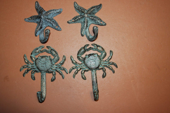 4) Antiqued Look Sea Life Wall Hook Set, Crab Coat Hooks, Starfish Wall Hooks,Antiqued Look Cast Iron Bronzed Look Finish, Set of 4