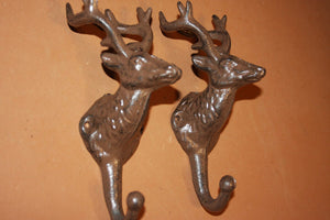 2) Deer Hunter Coat Hooks, Rustic Cast Iron 8 inches tall, W-41