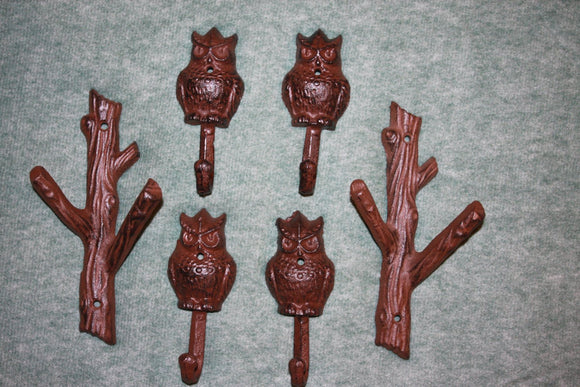 6 pieces) Forest Owl home decor, coat hook, hat hook, free shipping, cast iron forest owl wall hook, rustic brown,H-42, W-xx